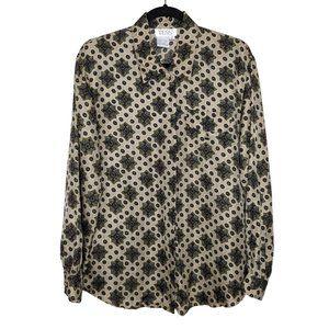 Vintage TESS 100%‎ Silk Brown Geometric Block Button Blouse Size W S